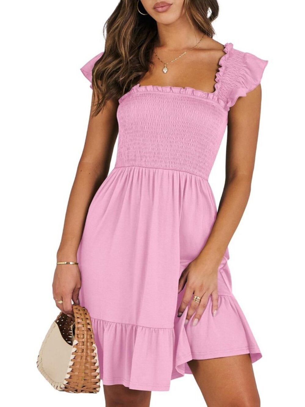 Women's Summer Sleeveless Square Neck Dress Pink Smocked Ruffle Backless